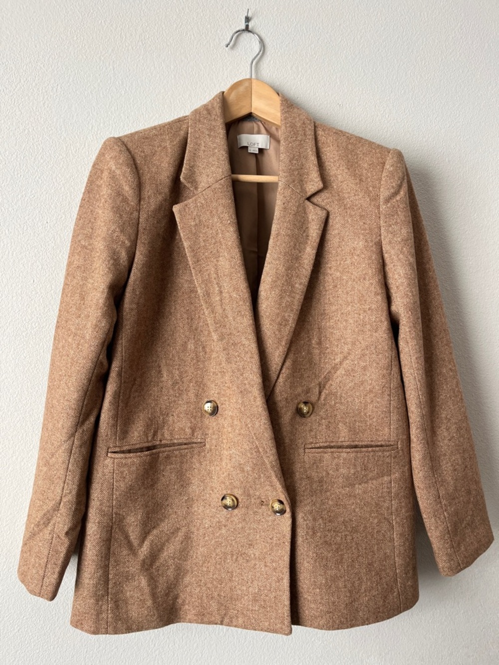 LOFT Double-Breasted Herringbone Wool Blend Blazer XS Camel